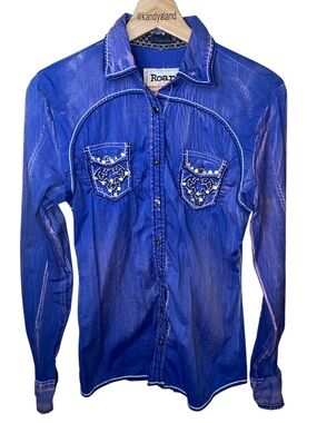 ROAR Ari ll Blue With Pink Hues Distressed Embroidered Embellished Shirt Rodeo